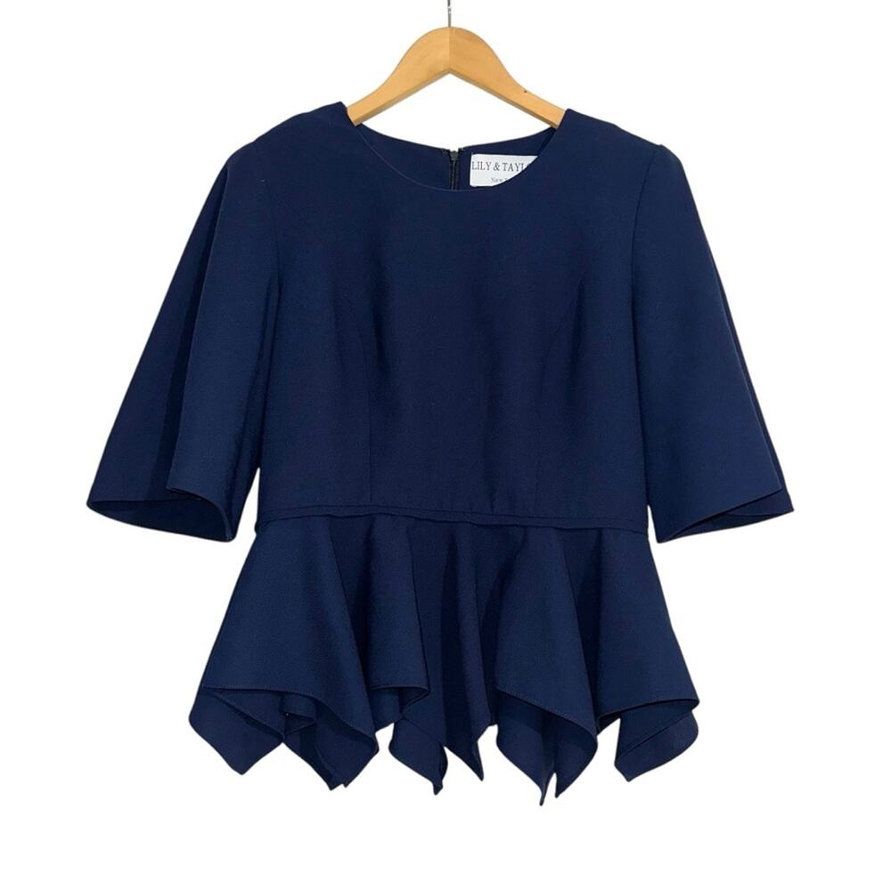 Lily & Taylor Navy Asymmetrical Peplum Hem Blouse 4